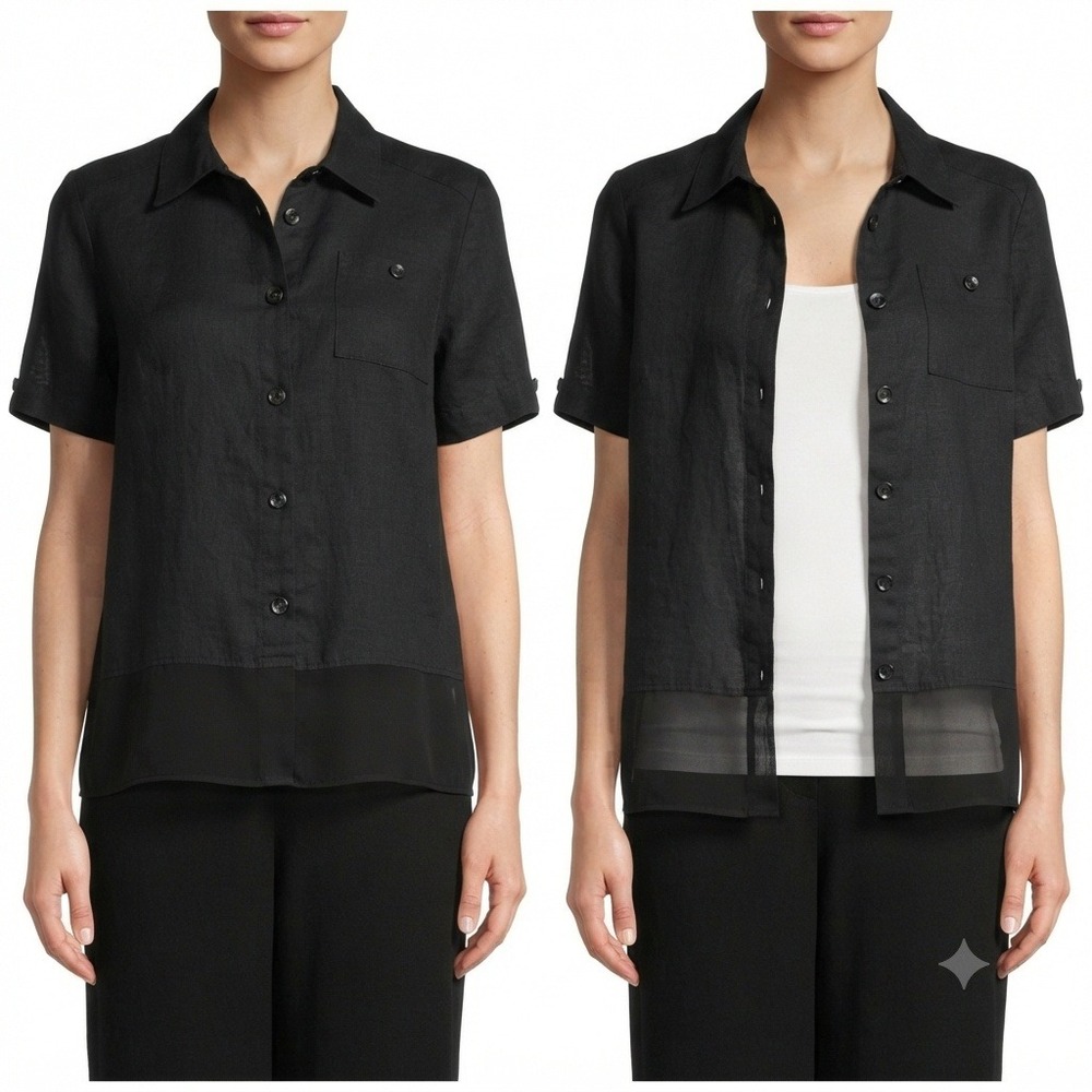 Melrose Studio Shirt Womens XL Black Linen Cotton Blend Sheer Hem Button Down
